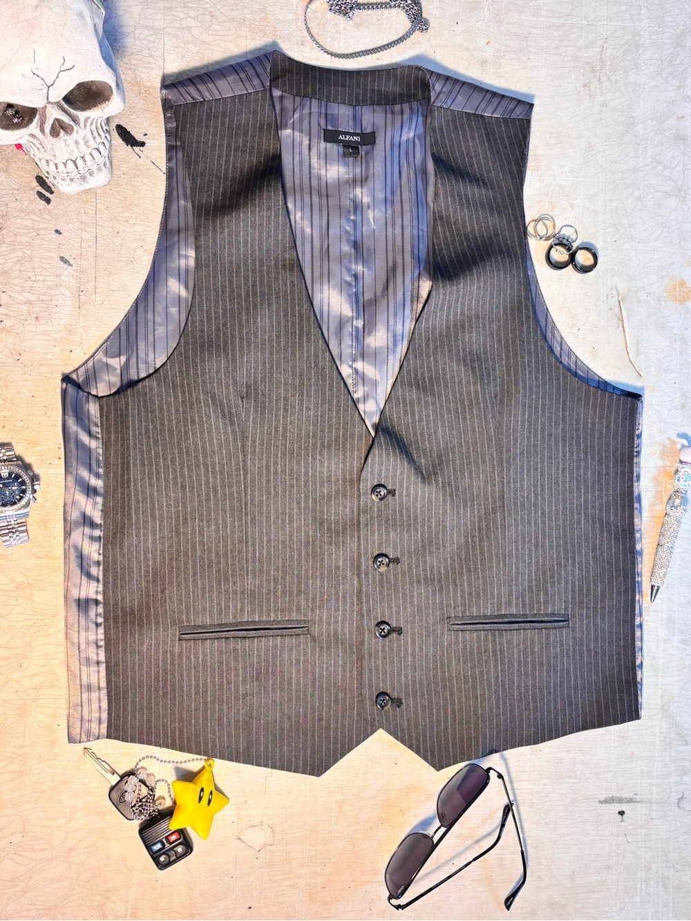 Alfani Men's Charcoal Pinstripe Dress Vest with Satin Backing